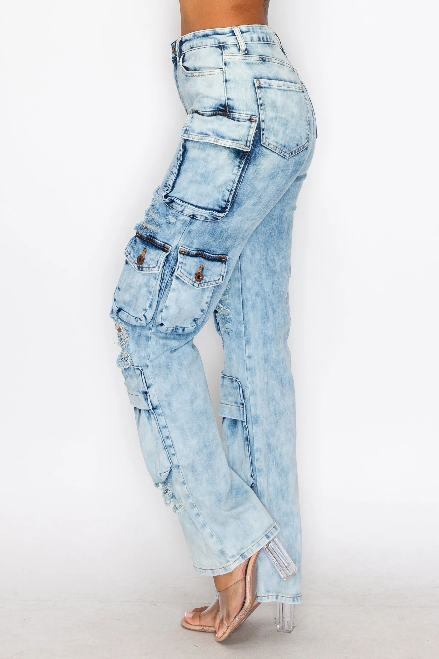 40575 Women's Mid Rise washed Down Cargo Jeans