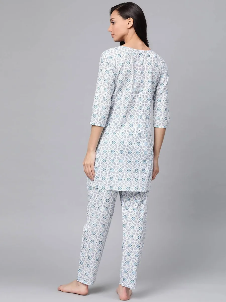 Anubhutee White & Blue Pure Cotton Printed Night suit