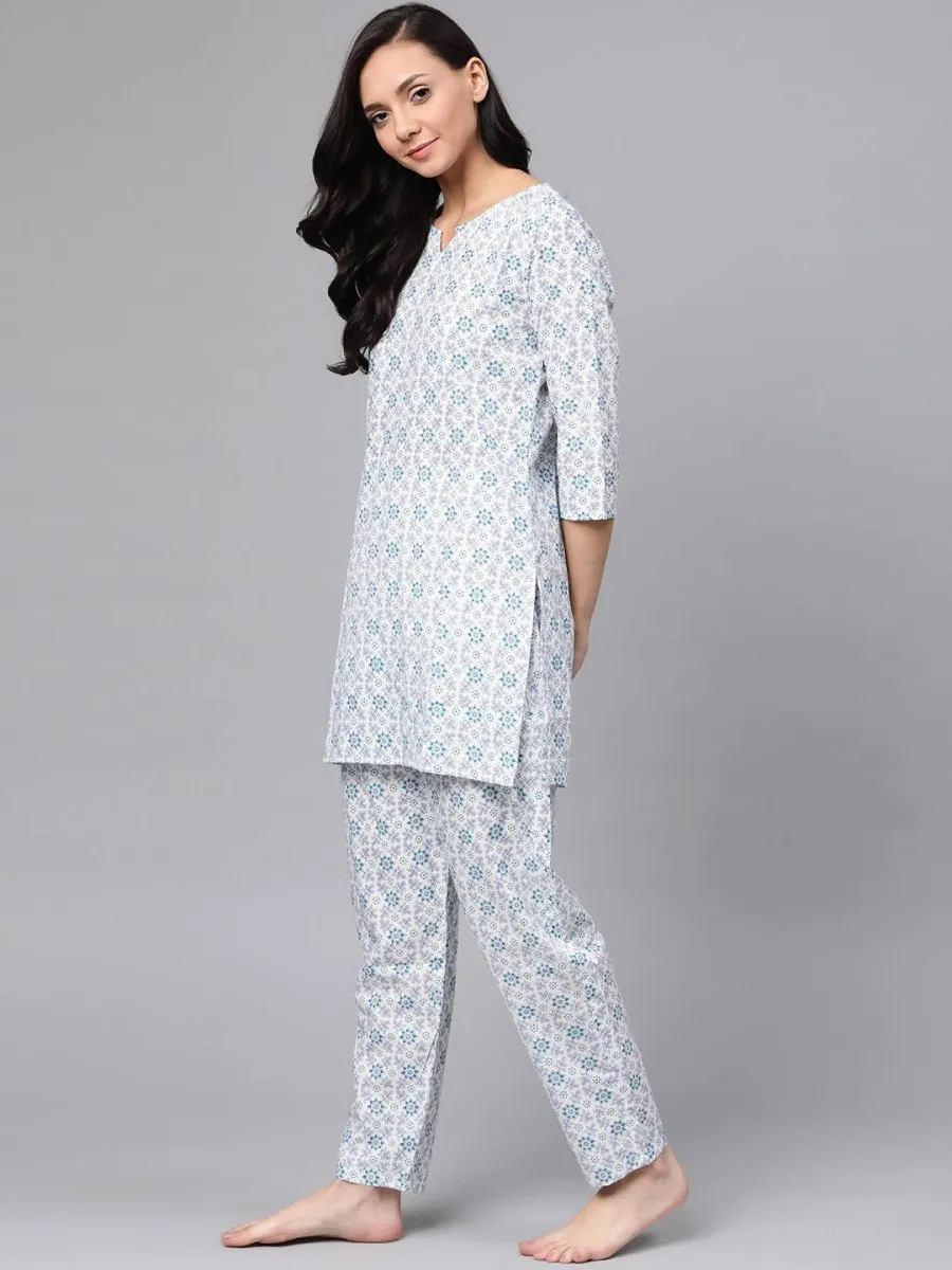 Anubhutee White & Blue Pure Cotton Printed Night suit
