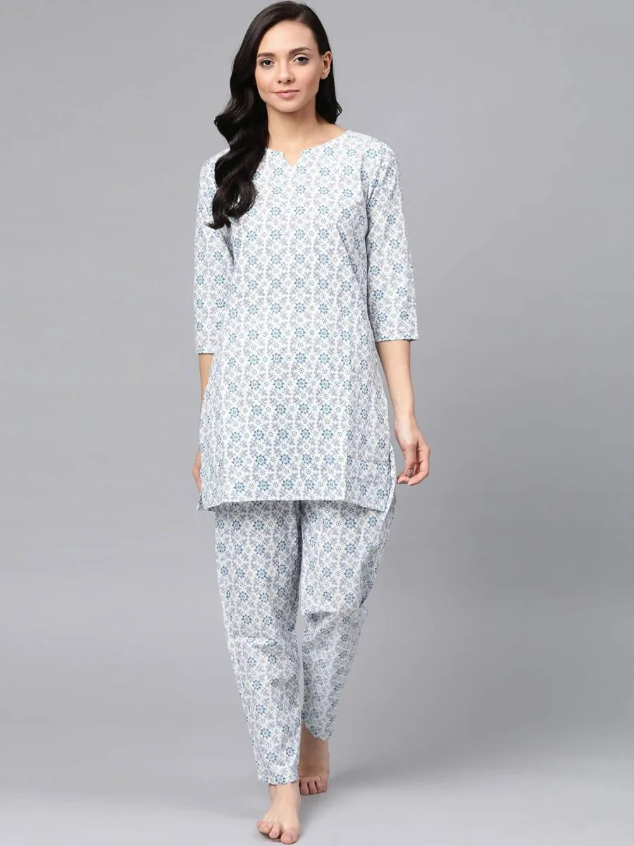 Anubhutee White & Blue Pure Cotton Printed Night suit
