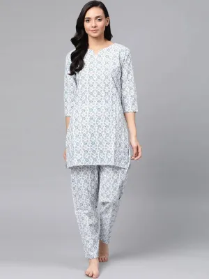 Anubhutee White & Blue Pure Cotton Printed Night suit