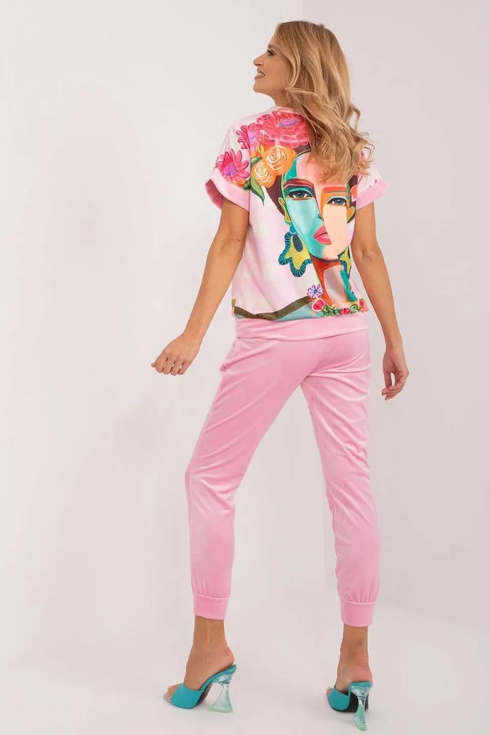 Art Print Velour Top & Pants Set Pink