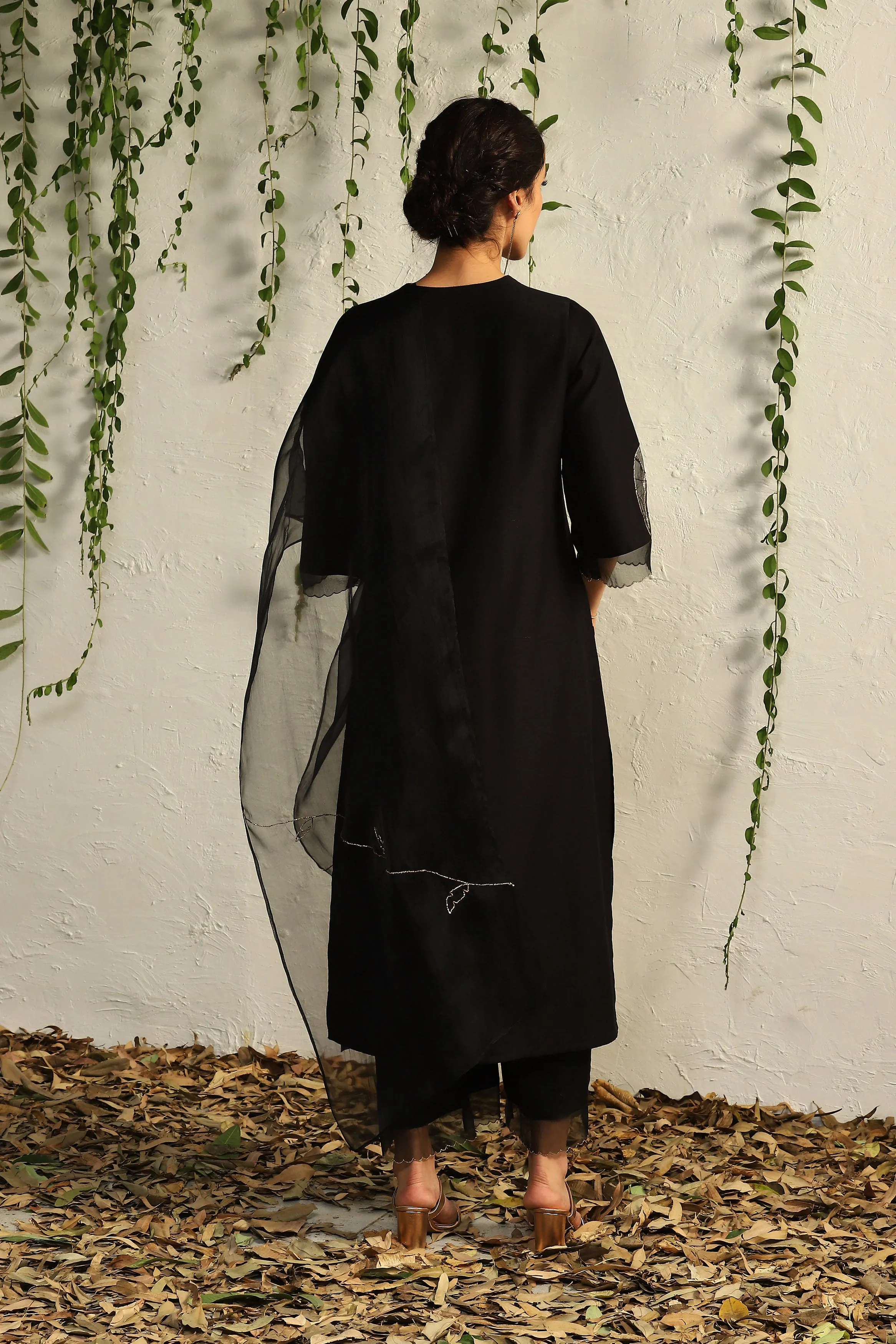 Black Chanderi Straight Kurta Set