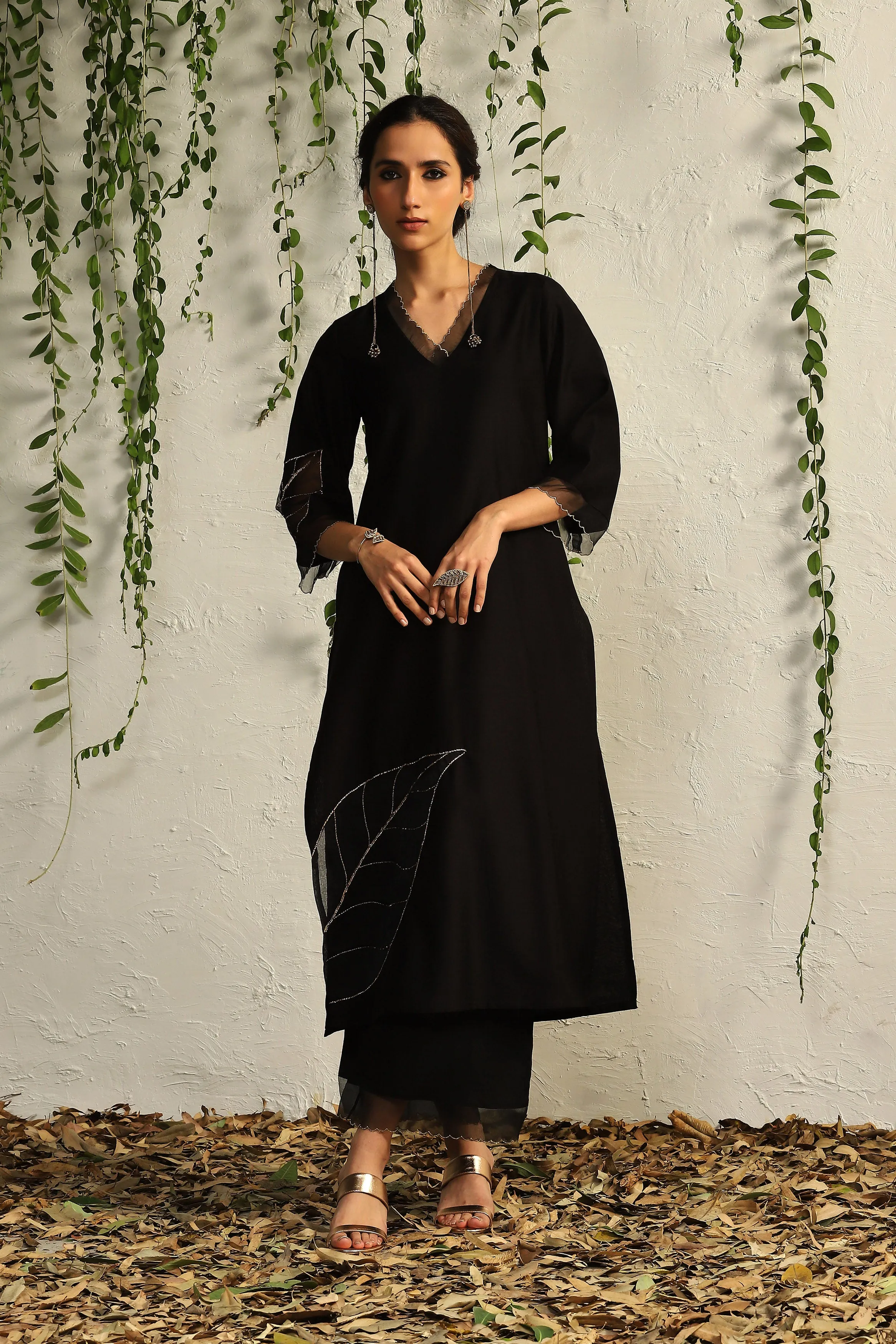 Black Chanderi Straight Kurta Set