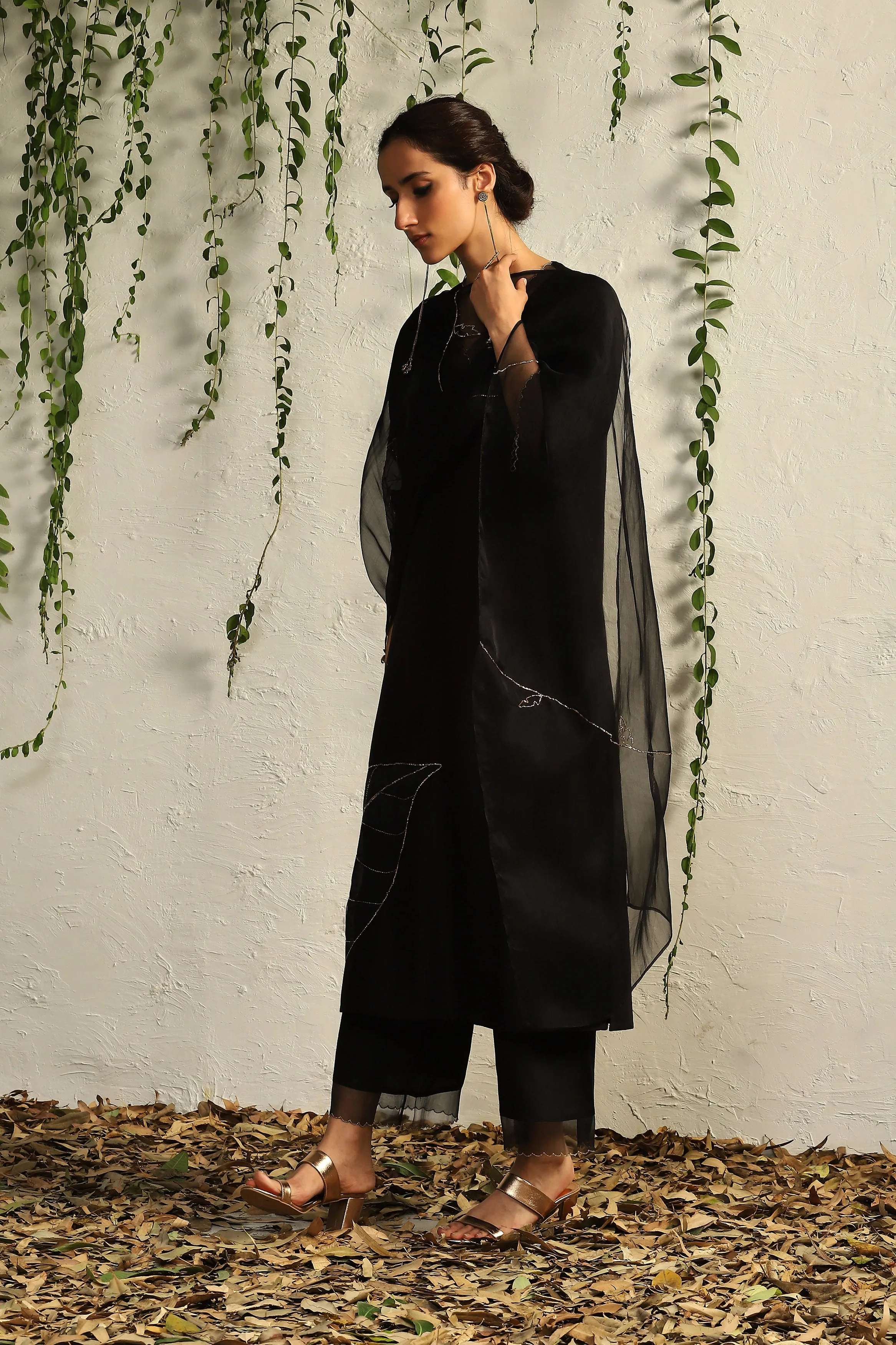 Black Chanderi Straight Kurta Set