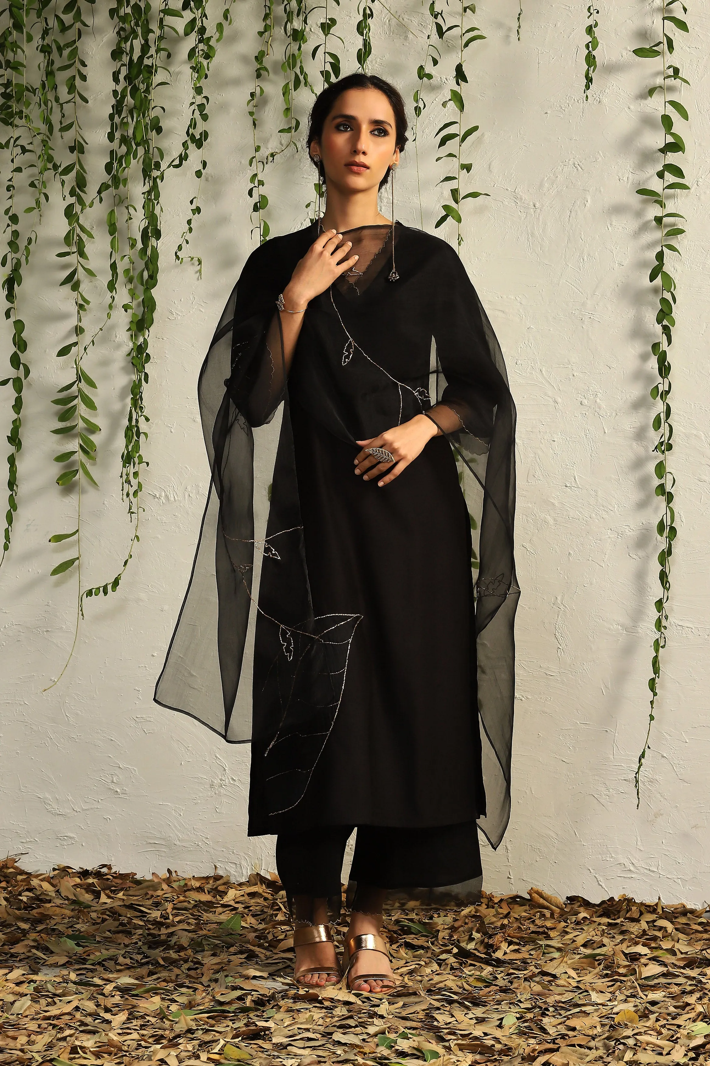 Black Chanderi Straight Kurta Set