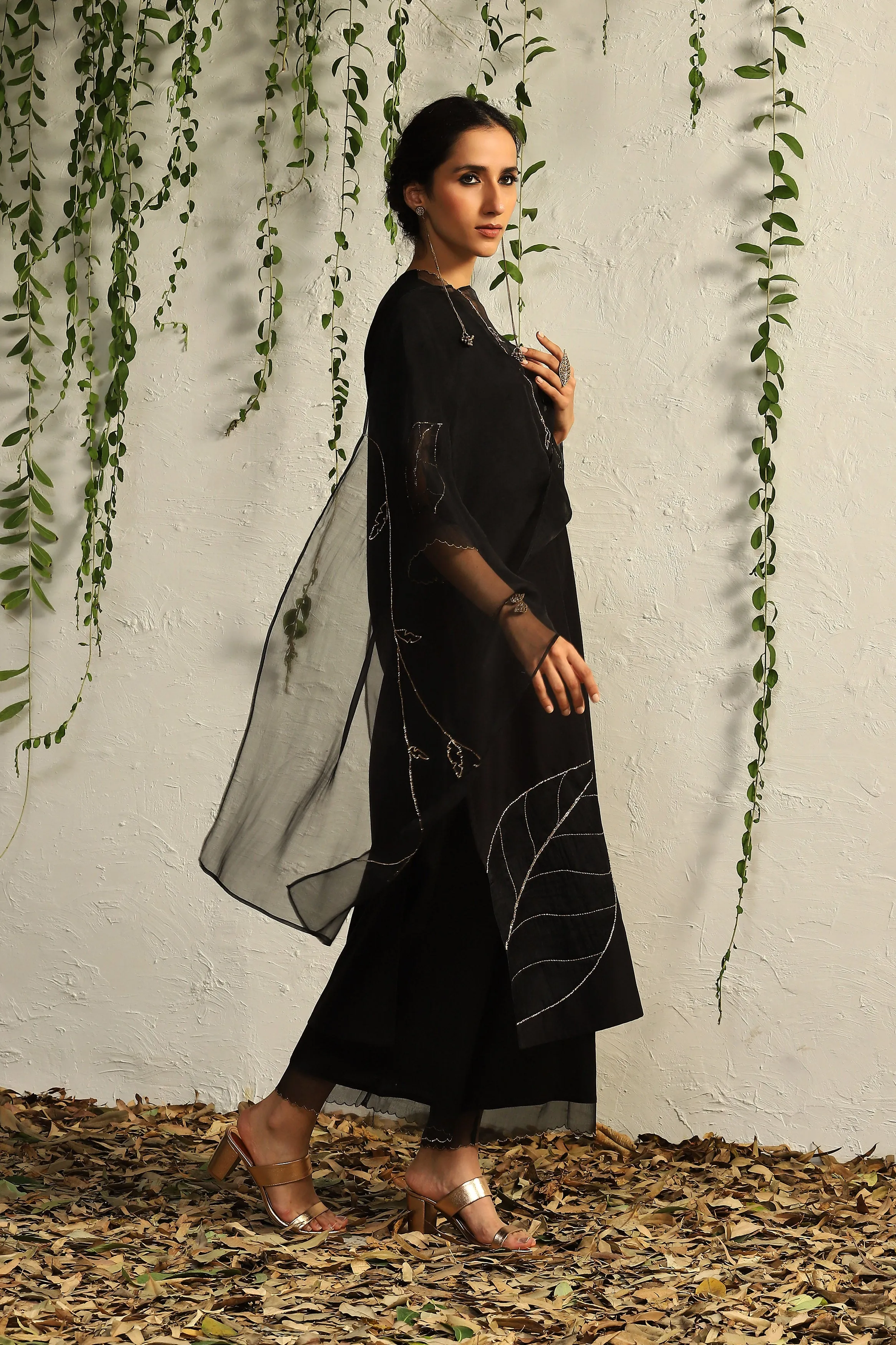 Black Chanderi Straight Kurta Set