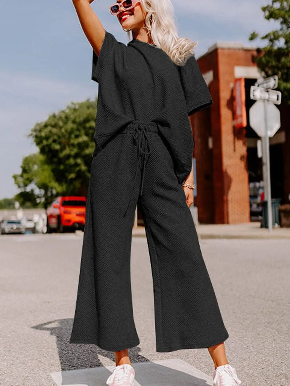 Black Ribbed Casual Lounge Set with Loose Fit Top and Drawstring Pants
