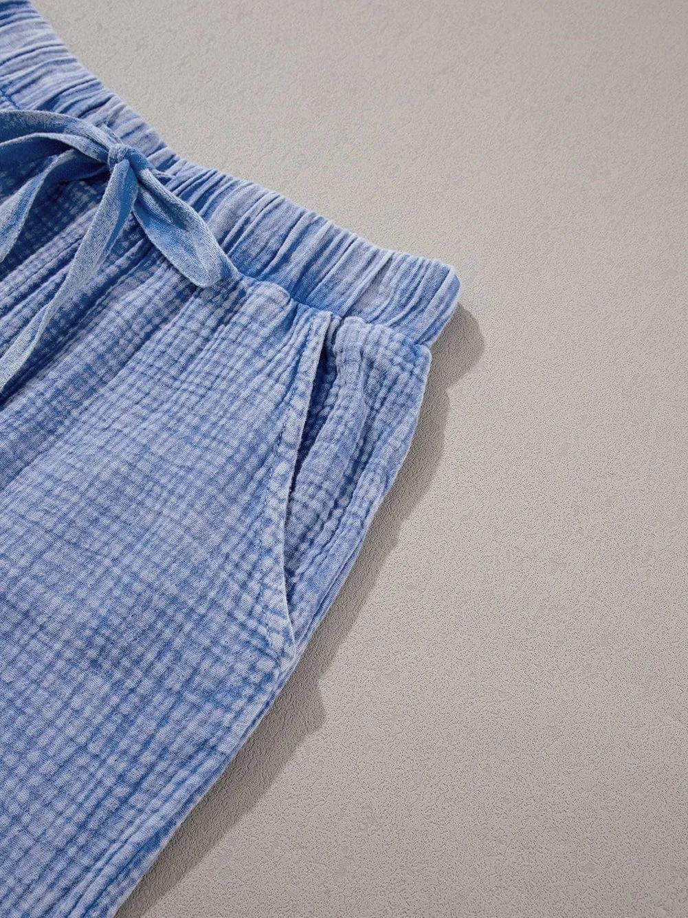 Blue Washed Elastic Waist Straight Leg Cotton Pants with Unique Texture