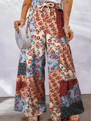 Boho Patchwork Print Drawstring Palazzo Trousers in Multicolor Bouquet