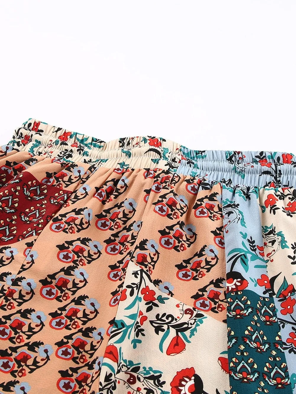 Boho Patchwork Print Drawstring Palazzo Trousers in Multicolor Bouquet