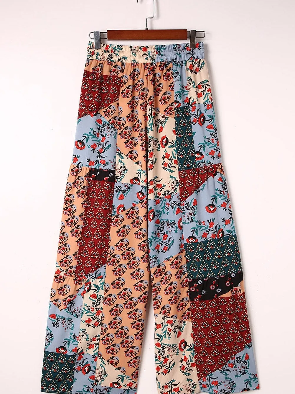 Boho Patchwork Print Drawstring Palazzo Trousers in Multicolor Bouquet