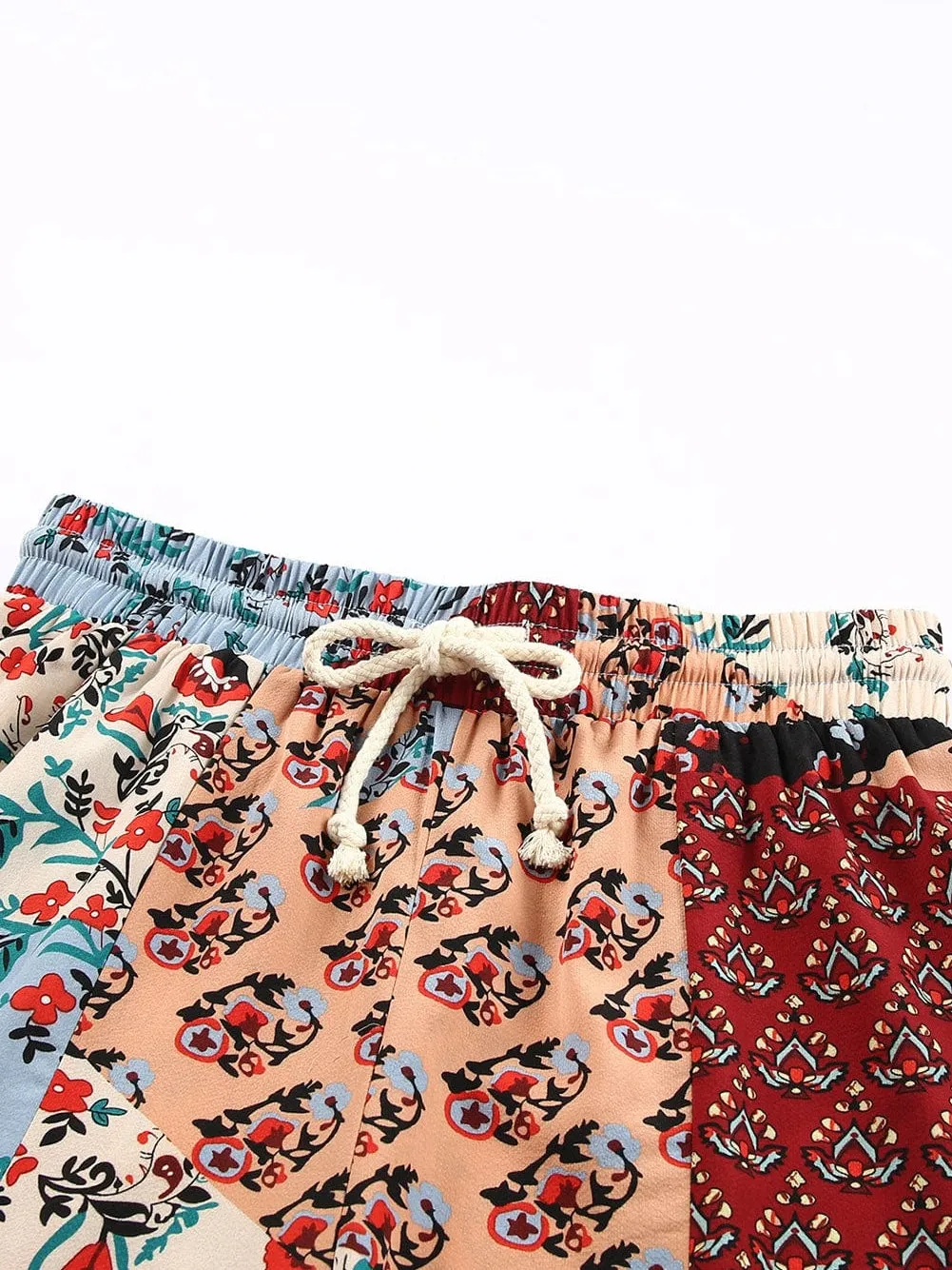 Boho Patchwork Print Drawstring Palazzo Trousers in Multicolor Bouquet