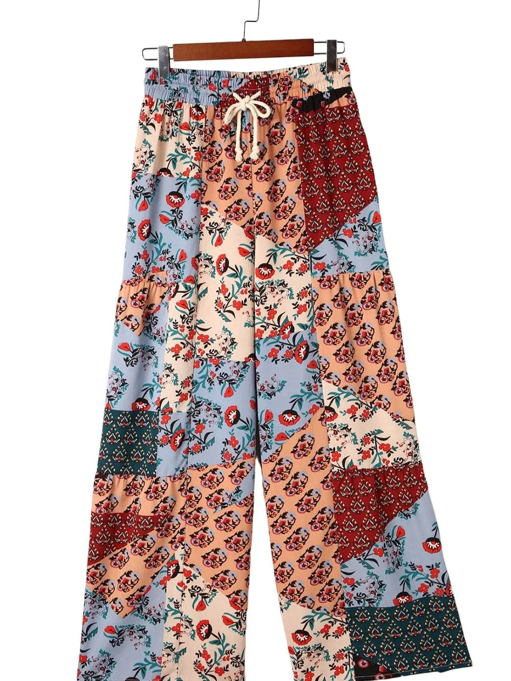 Boho Patchwork Print Drawstring Palazzo Trousers in Multicolor Bouquet