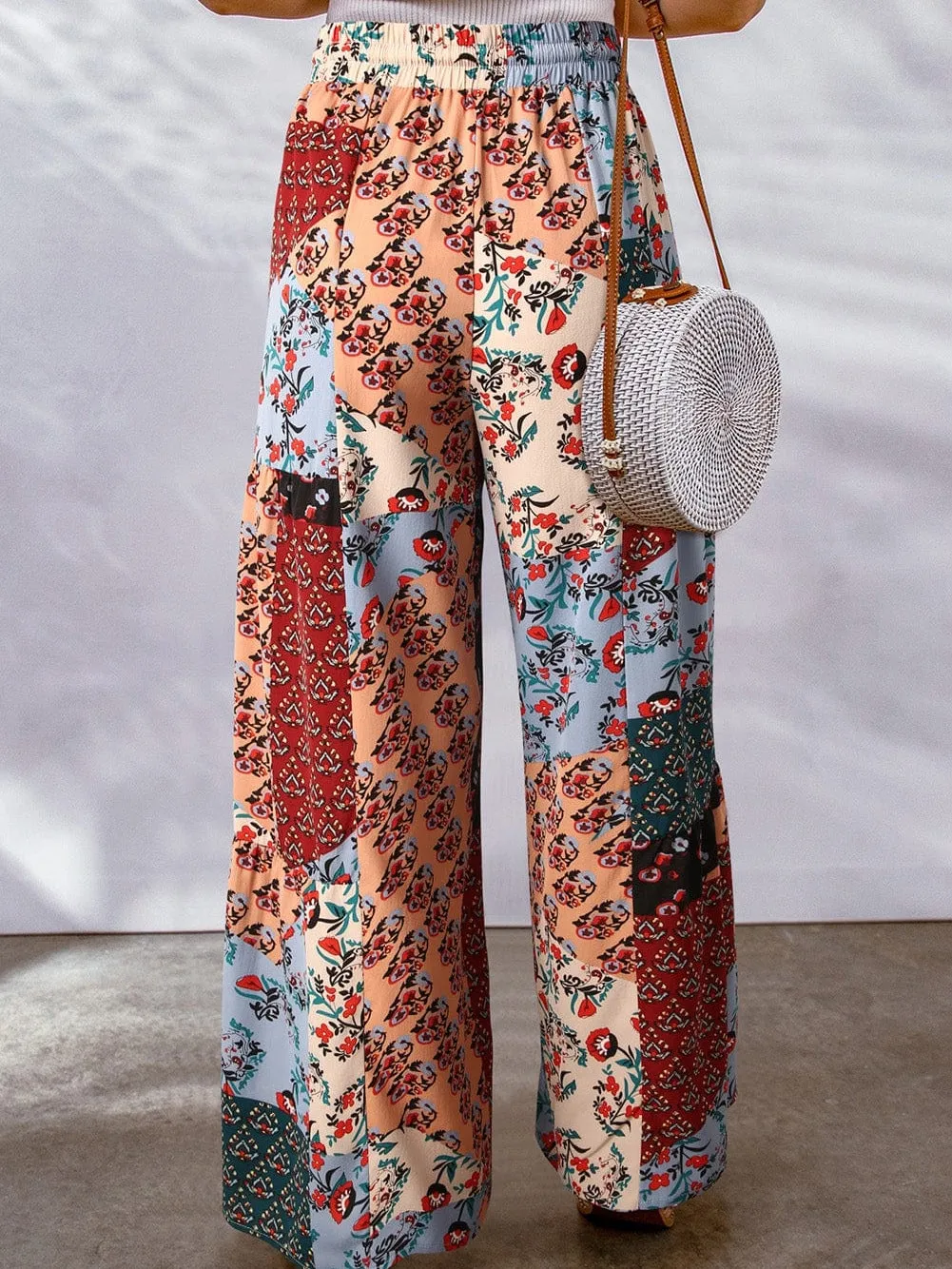Boho Patchwork Print Drawstring Palazzo Trousers in Multicolor Bouquet