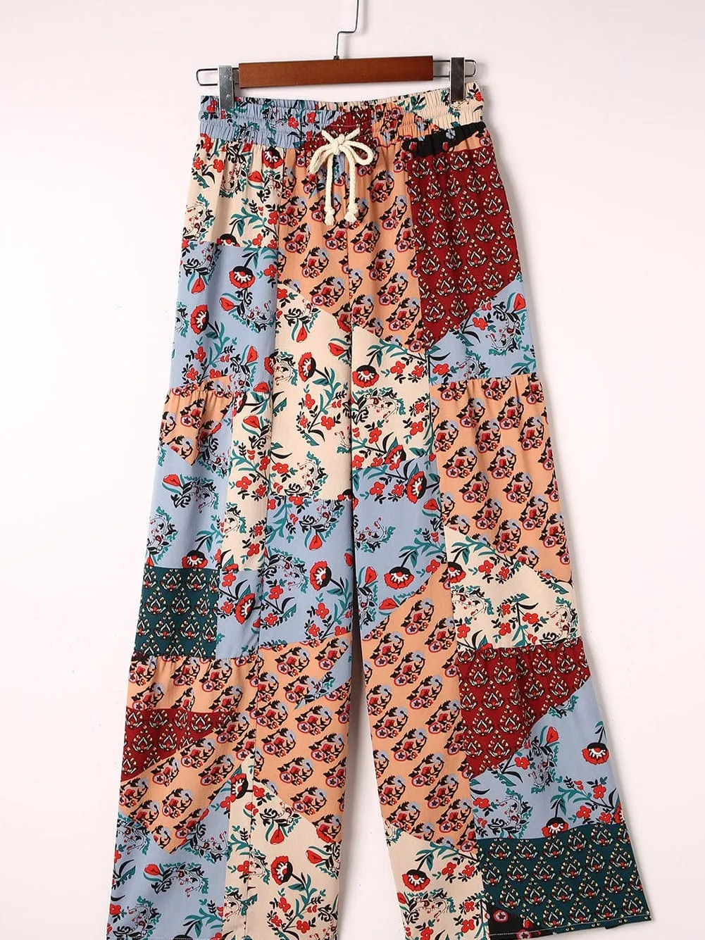 Boho Patchwork Print Drawstring Palazzo Trousers in Multicolor Bouquet