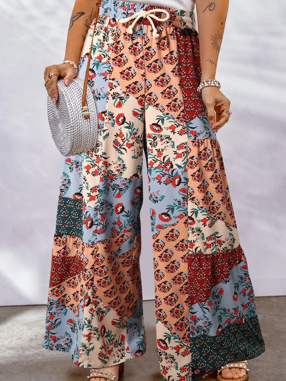 Boho Patchwork Print Drawstring Palazzo Trousers in Multicolor Bouquet