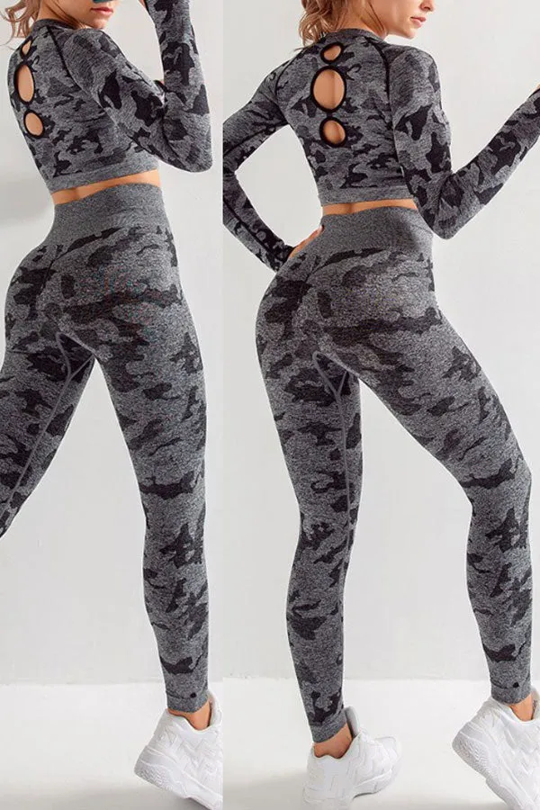 Camouflage Sporty Three Pieces Yoga Pants Suit