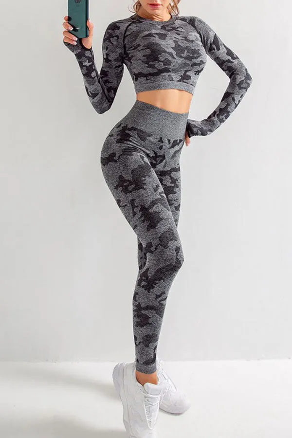 Camouflage Sporty Three Pieces Yoga Pants Suit
