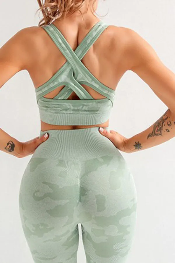 Camouflage Sporty Three Pieces Yoga Pants Suit