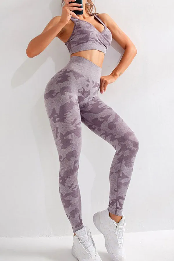 Camouflage Sporty Three Pieces Yoga Pants Suit