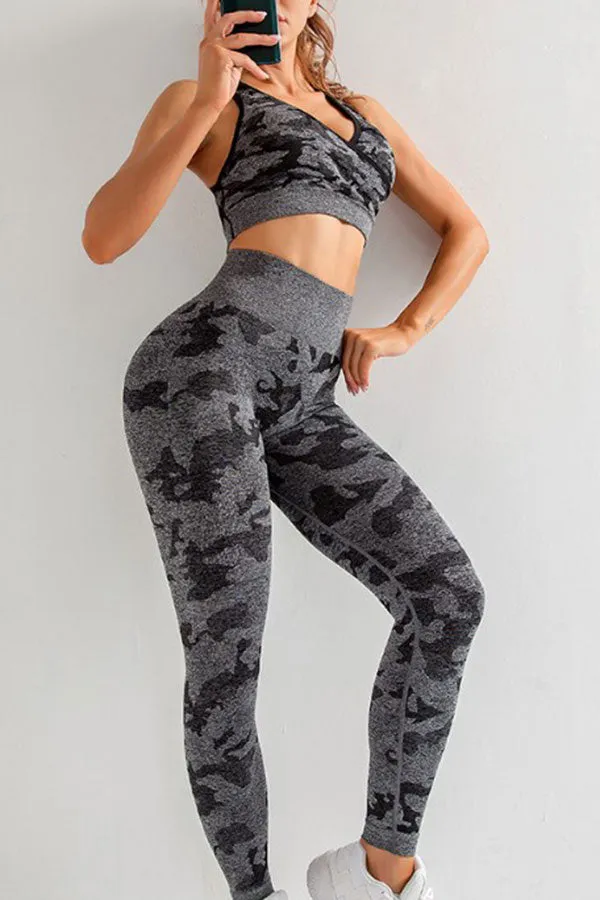 Camouflage Sporty Three Pieces Yoga Pants Suit