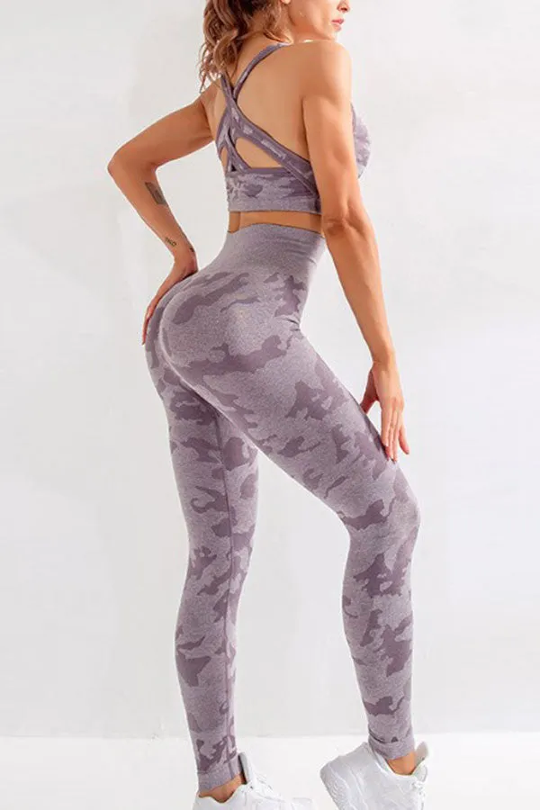 Camouflage Sporty Three Pieces Yoga Pants Suit