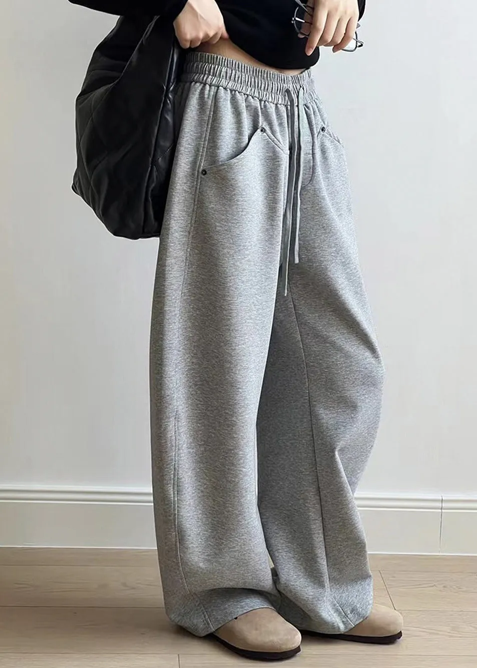 Casual Grey Pockets Drawstring Elastic Waist Cotton Pants Fall AF1072