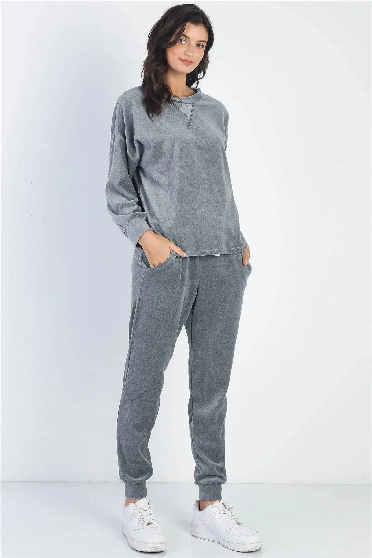 Charcoal Velour Cotton Long Sleeve Sweater & Pant Set