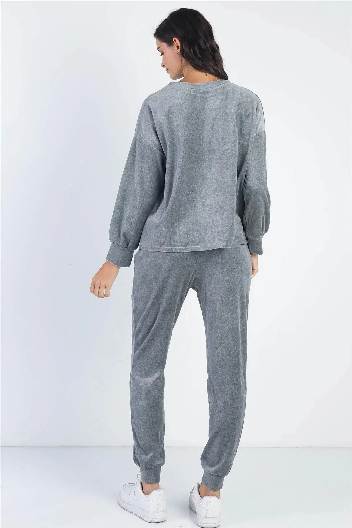 Charcoal Velour Cotton Long Sleeve Sweater & Pant Set