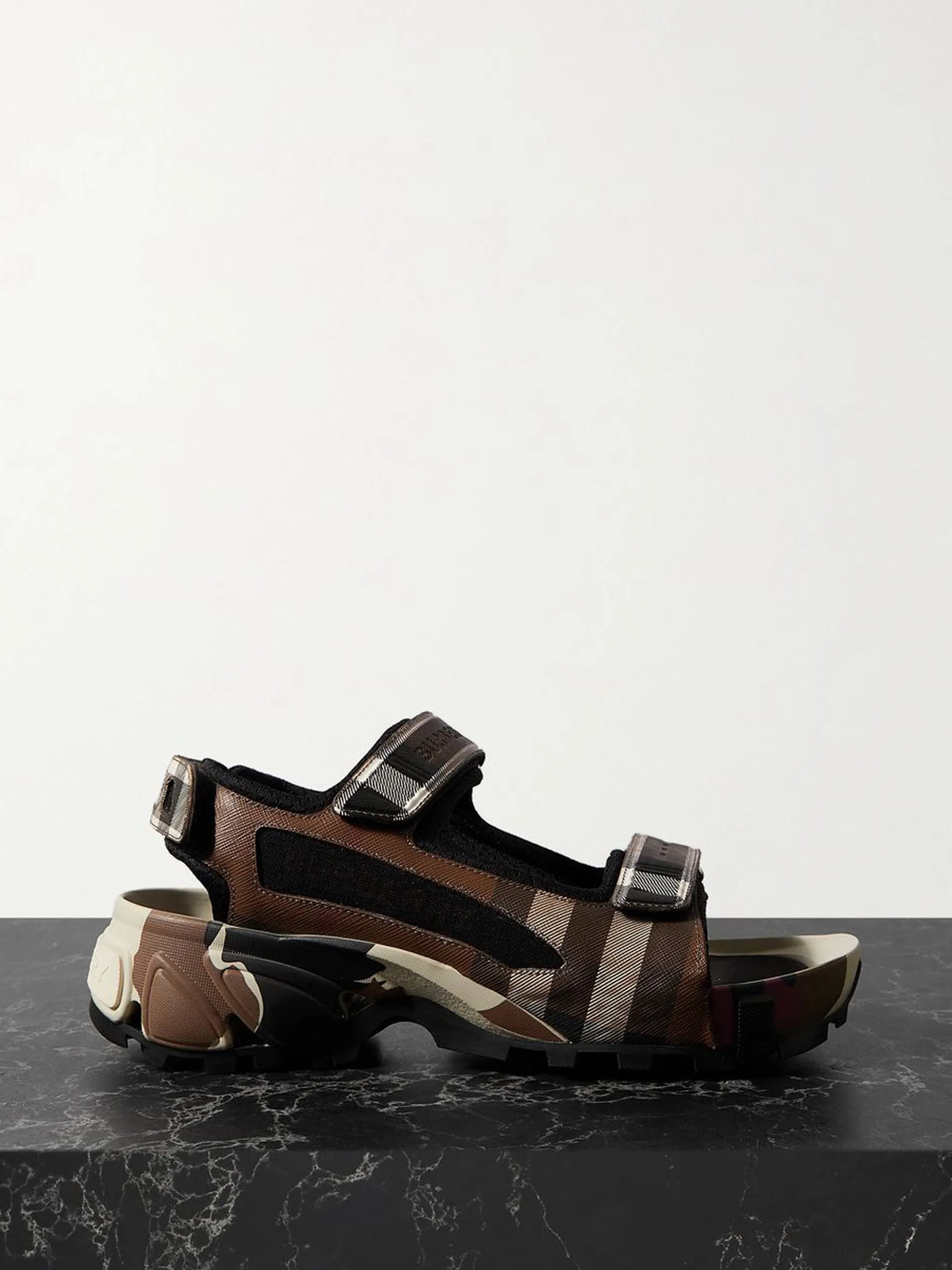 Checked coated-canvas and mesh sandals