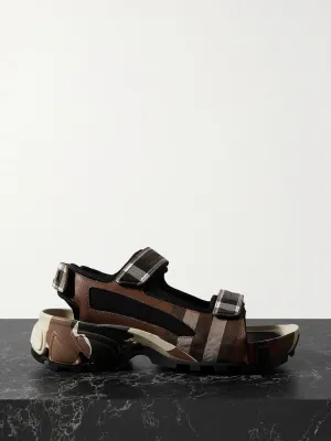 Checked coated-canvas and mesh sandals