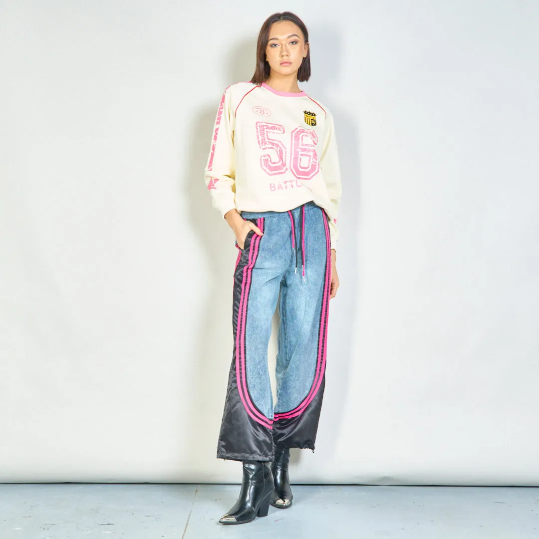 Color-block denim jogger pants with side stripes wholesale