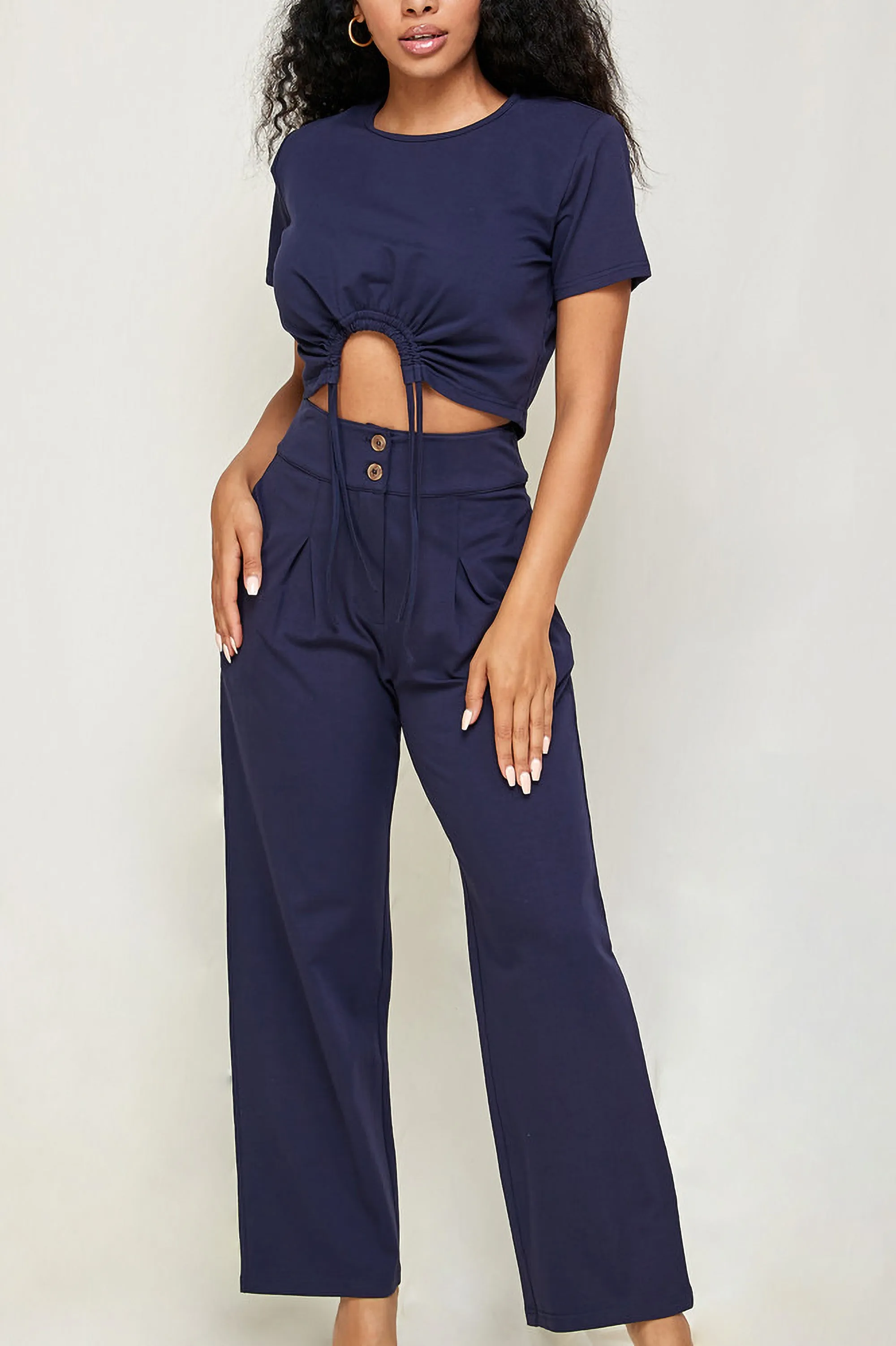 Cotton Jersey Ladies Set - Crop Top   Pants - Navy