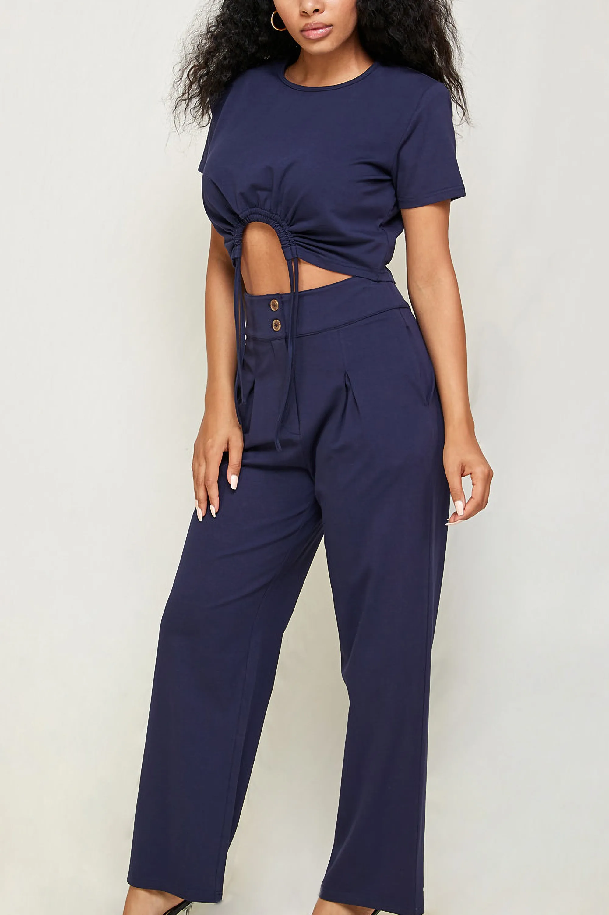 Cotton Jersey Ladies Set - Crop Top   Pants - Navy