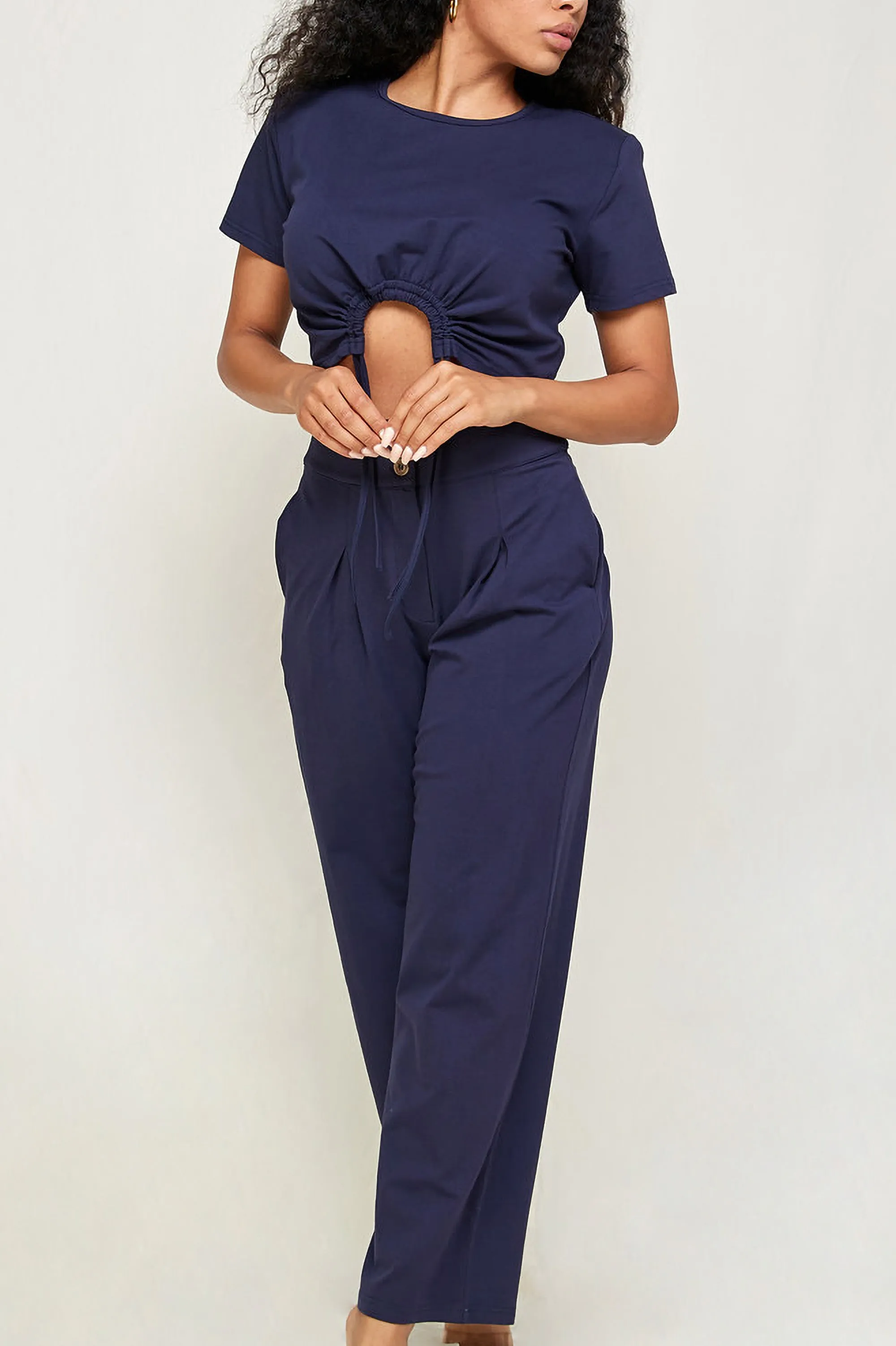 Cotton Jersey Ladies Set - Crop Top   Pants - Navy