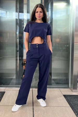 Cotton Jersey Ladies Set - Crop Top   Pants - Navy