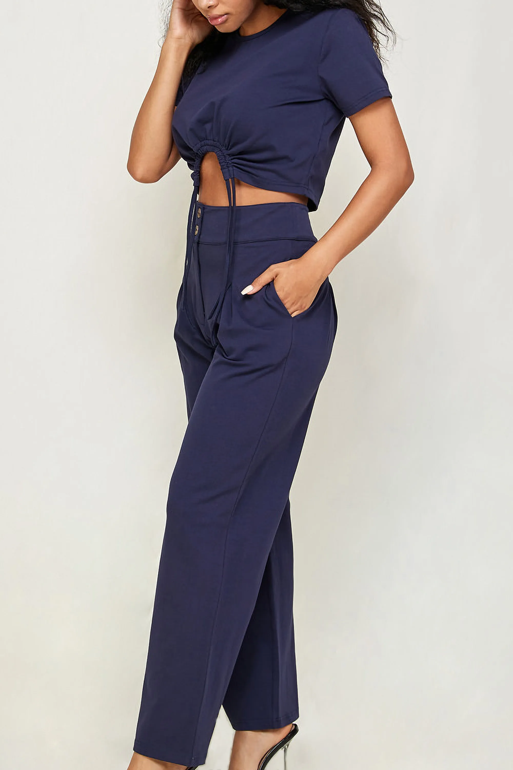 Cotton Jersey Ladies Set - Crop Top   Pants - Navy