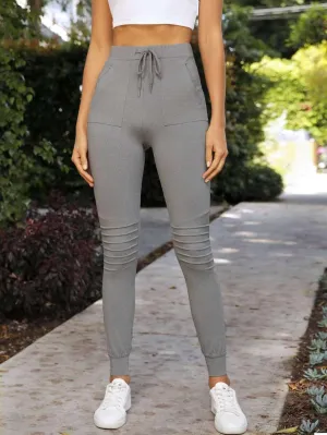 Drawstring Waist Knee Quilted Fitted Sweatpants