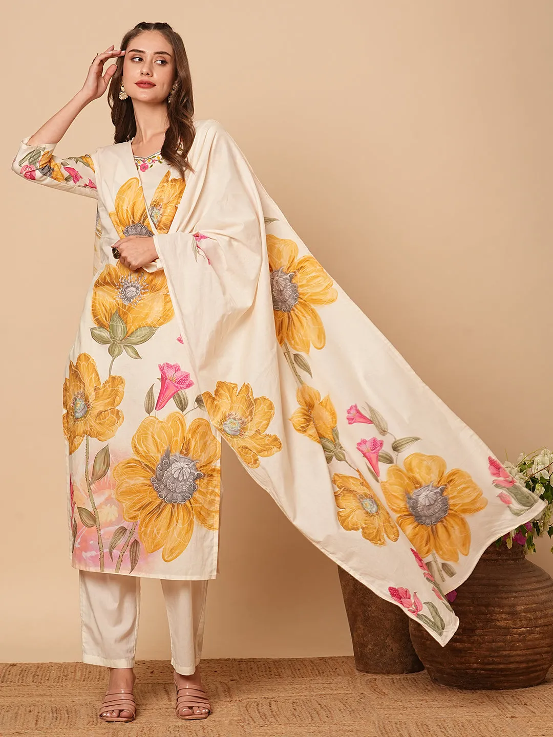 Floral Printed Beads & Resham Embroidered Kurta with Pants & Dupatta - Off White