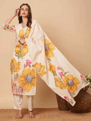 Floral Printed Beads & Resham Embroidered Kurta with Pants & Dupatta - Off White