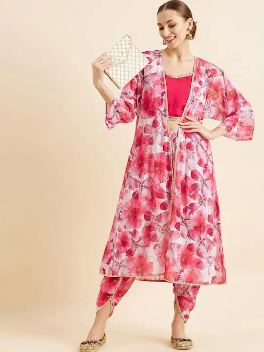 Floral Printed Crop Top With Dhoti Pants & Shrug Ethnic Co ords