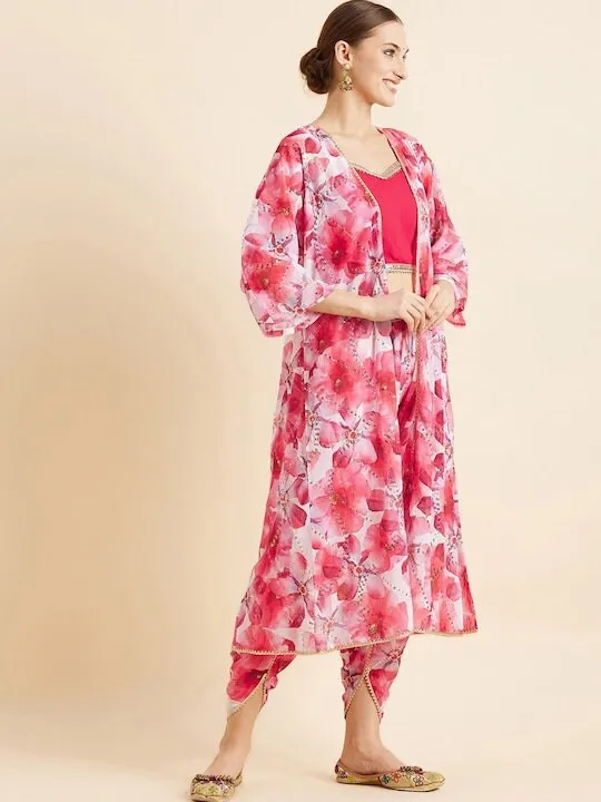 Floral Printed Crop Top With Dhoti Pants & Shrug Ethnic Co ords