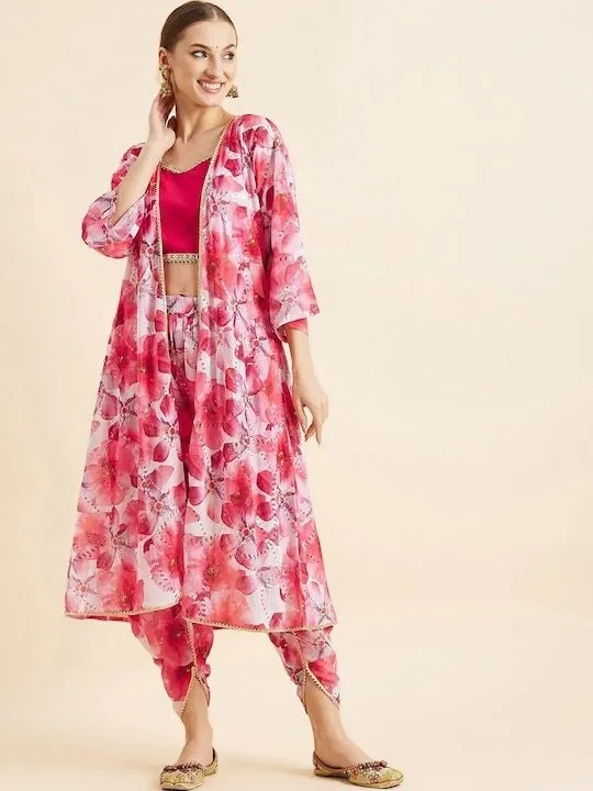 Floral Printed Crop Top With Dhoti Pants & Shrug Ethnic Co ords