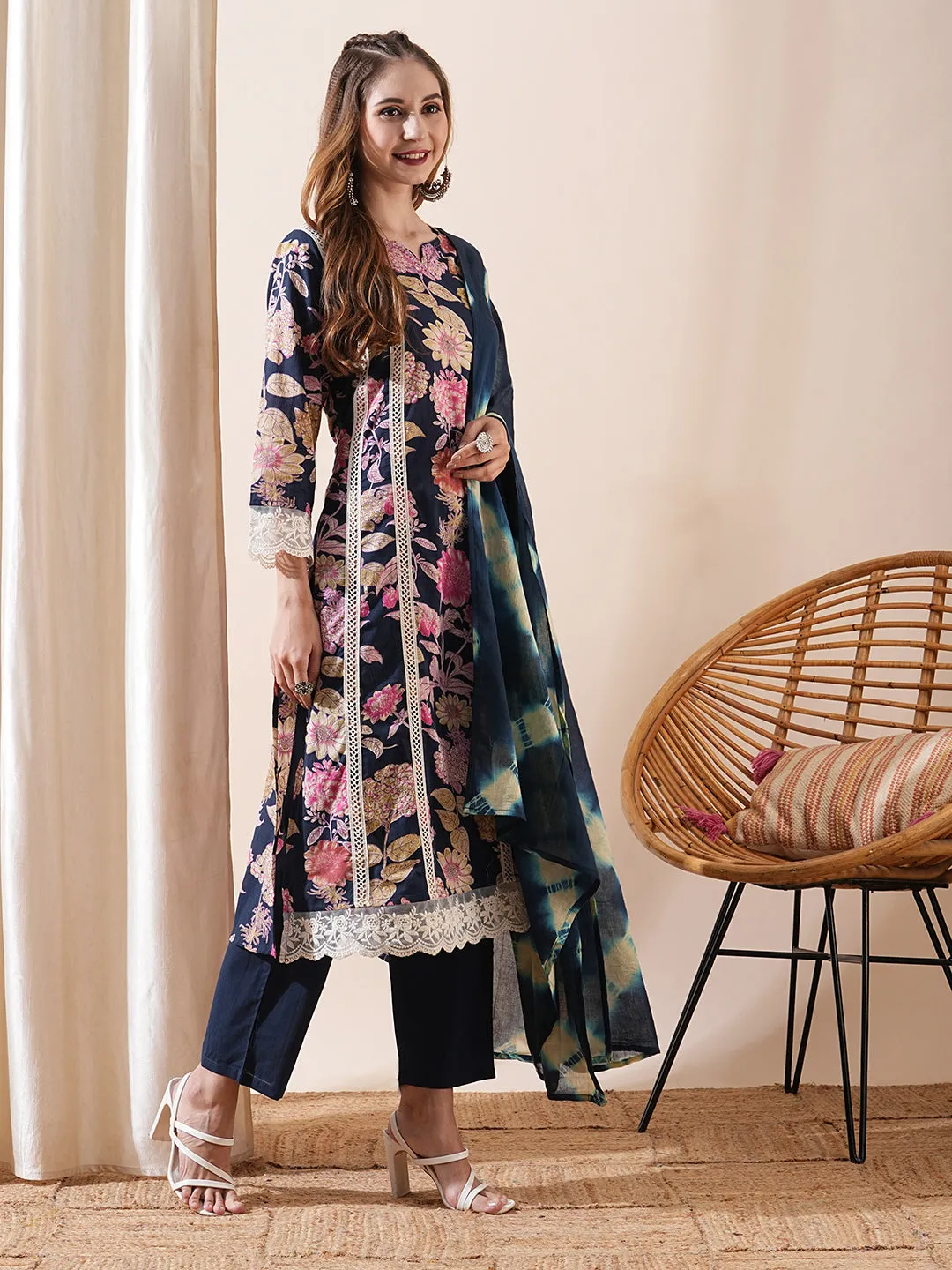 Floral Printed Sequins & Resham Lace Embellished Kurta with Pants & Shibori Dupatta - Blue