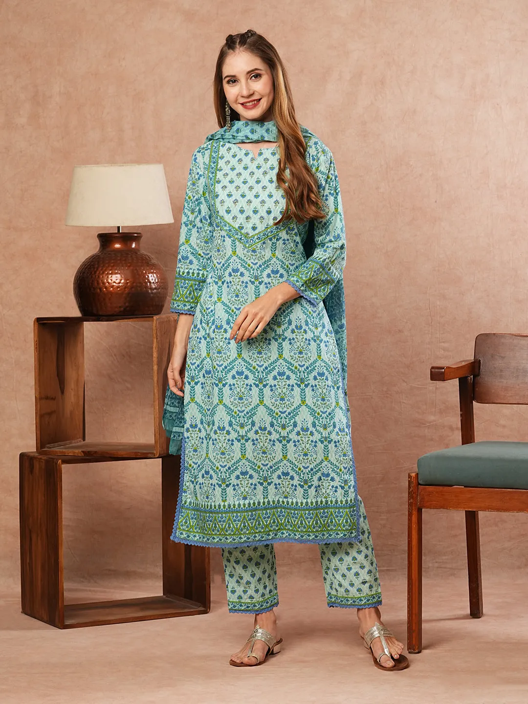 Floral Printed Sequins & Zari Embroidered Kurta with Pants & Dupatta - Blue