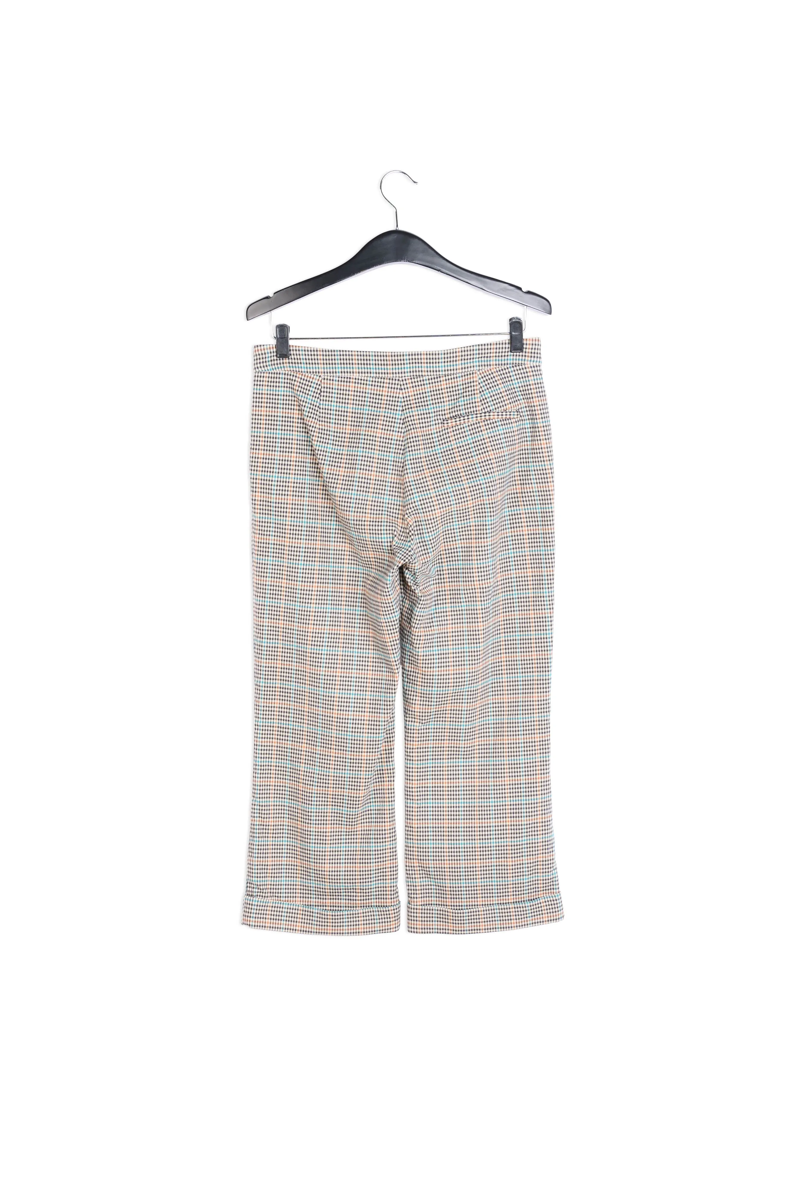 Gray pants with blue and orange checks