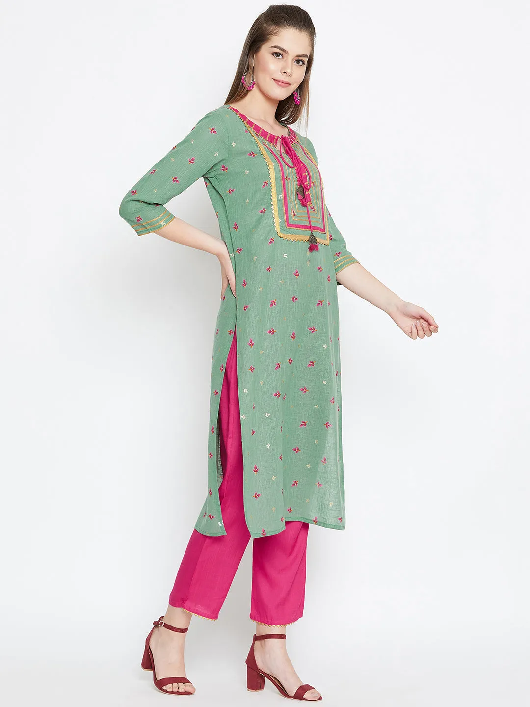 Green Floral Printed Pure Cotton Kurta Set