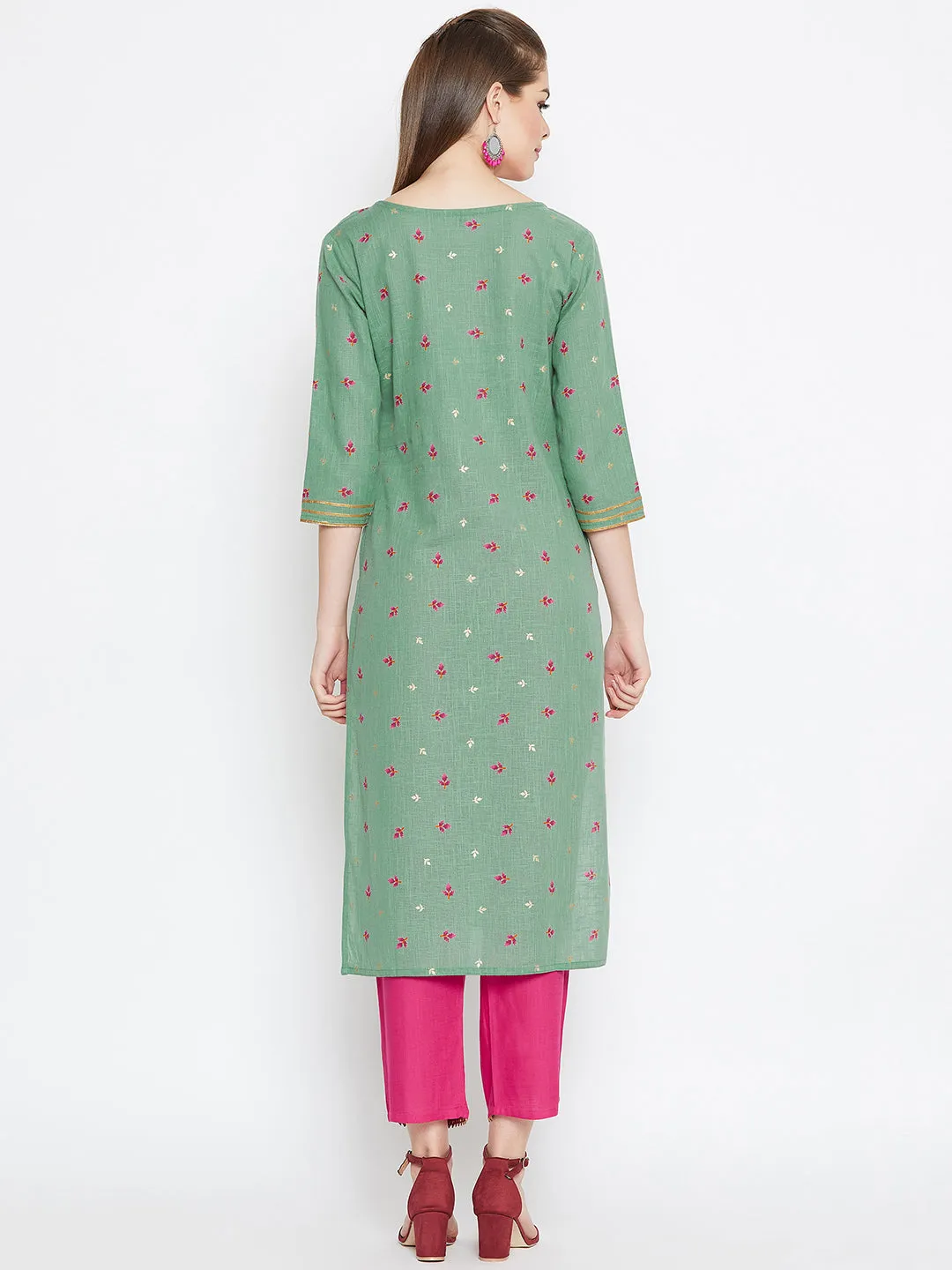 Green Floral Printed Pure Cotton Kurta Set