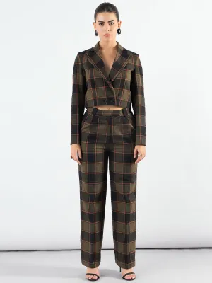 Green Polyester Checkered Warm Crop Blazer & Trouser
